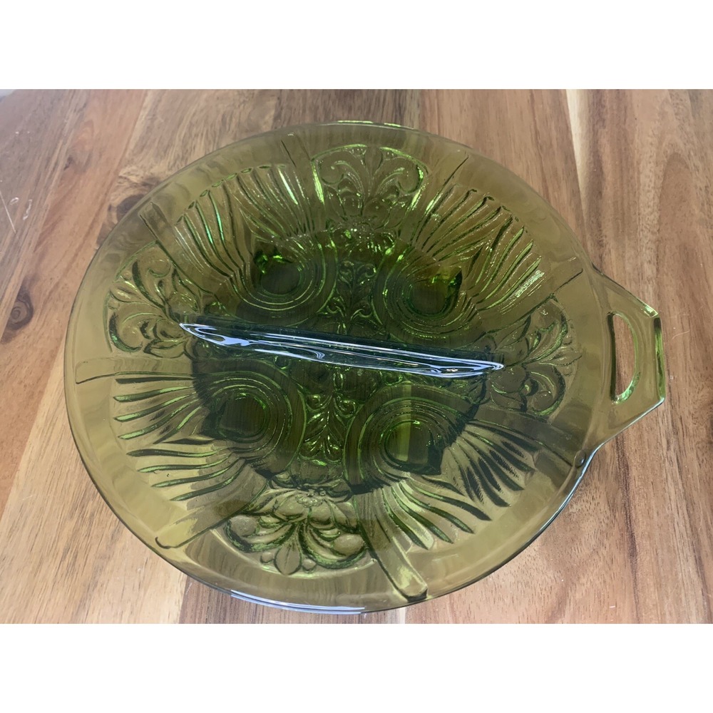 Mid-Century Modern Molded Green Glass Dish Divided MCM